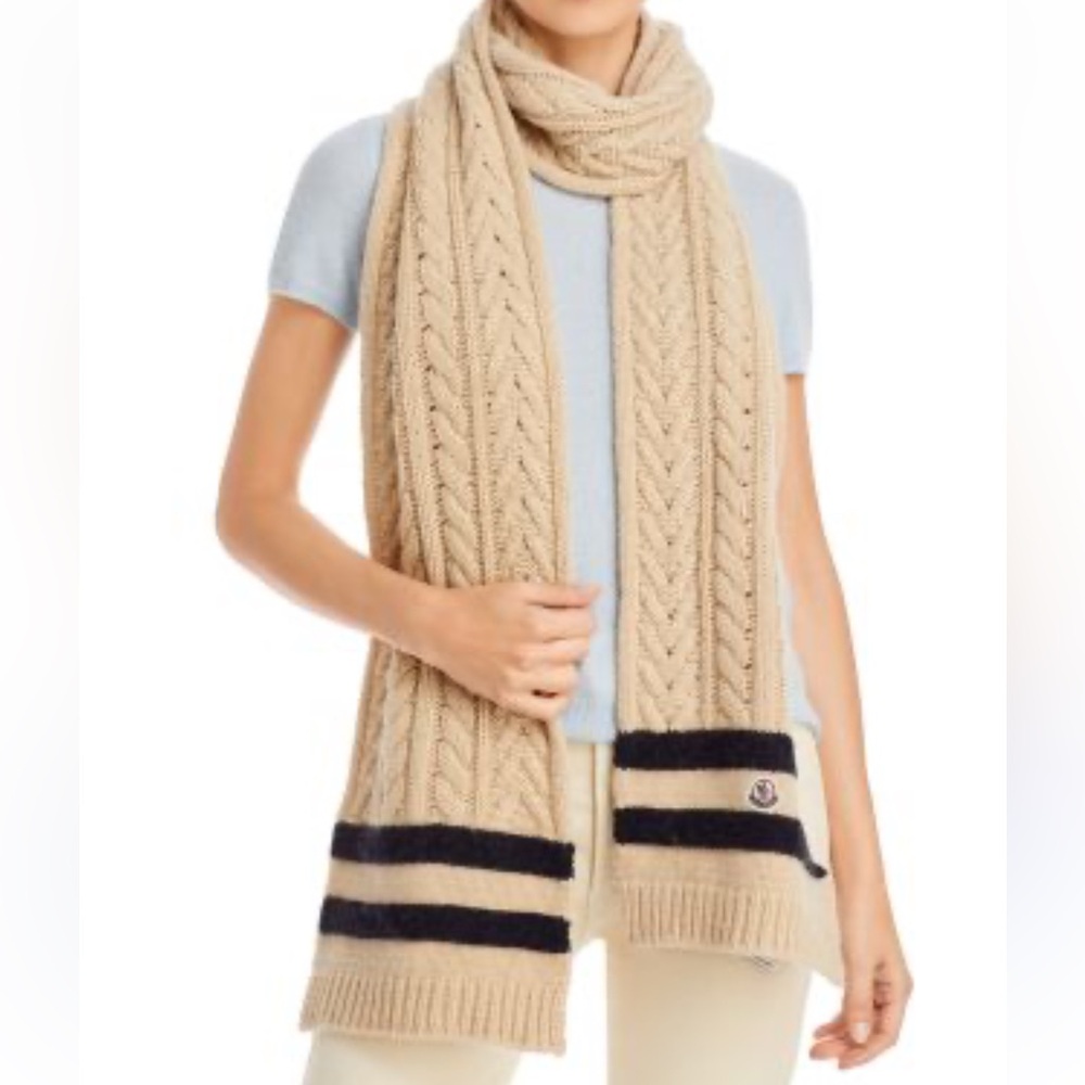 Moncler Scairpa Tricot Tan and Black Cable Knit cashmere blend Scarf - Picture 14 of 14